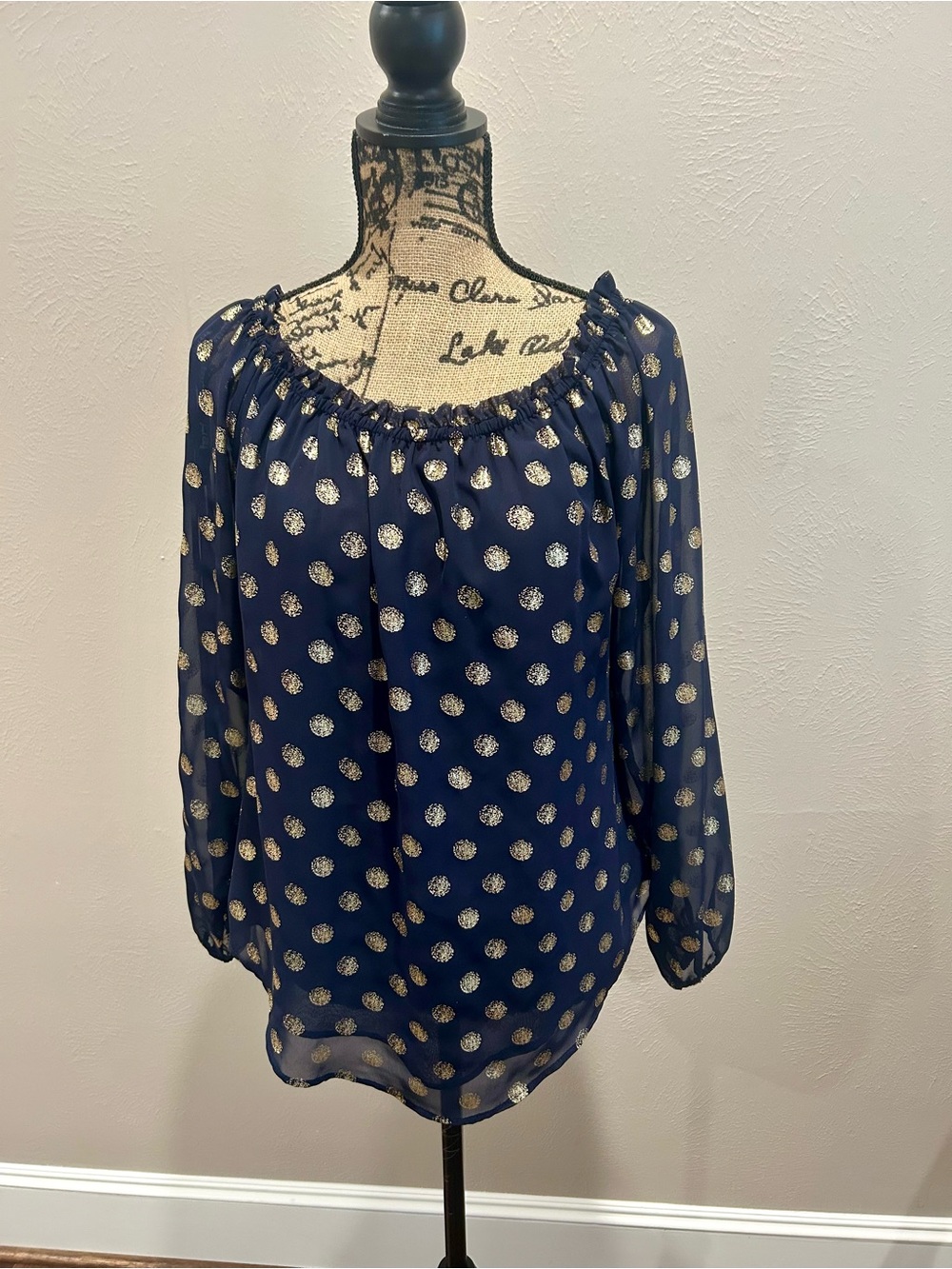 Joseph Ribkoff  Navy Polka Dot Peasant Blouse with Gold Accents